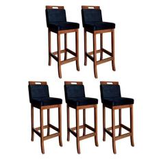 Kit 5 Banquetas Alta Milão para Ilha de Cozinha Madeira Pinhão Suede P