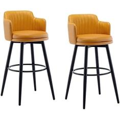 Conjunto De 2 Banquetas Para Bar Cadeira Giratória Bar Com Encosto Cozinha Ilha Bancadas Bancada Altura Com Braços, Couro Preto Pernas De Metal Preto Apoio Para Os Pés Para Pub Home Bar Sala De Ja