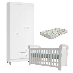 Berço Americano Lara Com Colchão Gazin E Guarda Roupa Ternura Baby 3 Portas Branco Brilho Flex - Incorplac