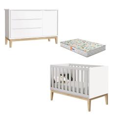 Berço Americano E Cômoda New Classic Branco Com Pés Madeira Natural E Colchão Gazin ? Reller