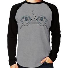 Camiseta Raglan Controle Seios Manga Longa - Foca na Moda, Cinza, Pret