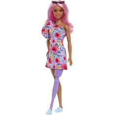 Boneca Barbie Fashionistas #189, Cabelo Rosa, Vestido Floral, Óculos de Sol, Perna Prótese, Ténis, Brinquedo 3-8 Anos.