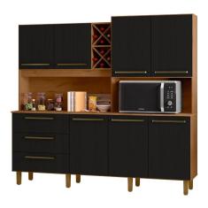 Armário De Cozinha Completa Com Adega 7 Portas 3 Gavetas 2,07m Ajax Nature / Preto Zanzini