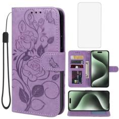 Vavies Capa para iPhone 15 Pro Max de 6,7 polegadas, capa carteira para Apple 15 Pro Max com protetor de tela de vidro temperado, capa flip de couro floral com suporte para cartão de crédito para