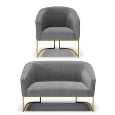 Sofá Namoradeira E Poltrona Base Industrial Dourado Stella Linho Grafite A26 D03 - D`rossi