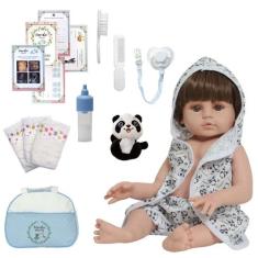 Boneco Reborn Realista Cabelo Castanho Bolsa Itens Panda - Cegonha Reb