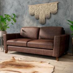 Sofá Sala de Estar Living 3 Lugares 220cm Presley Pés Madeira Couro Ma