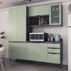 Cozinha Compacta Margarida 200cm com Tampo, 4 Peças, 8 Portas e 3 Gavetas com Divisor de Talheres