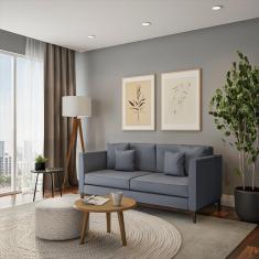 Sofá 3 Lugares Borís Base de Madeira Linho Cotton Cinza.