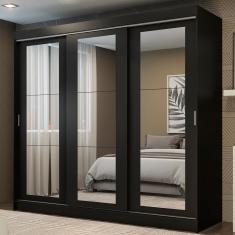 Guarda-roupa Casal Kansas 3 Portas de Correr de Espelho 3 Gavetas Preto Madesa