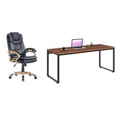 conjunto de mesa kuadra nogal com cadeira de escritório presidente giratória com relax clark preta e dourada