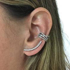 Brinco Vivid Ear Cuff Fininho Cravejado Folheado Ródio