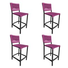 Kit 4 Banquetas França em Corda Náutica e Base em Alumínio Preta para Área Gourmet Rosa
