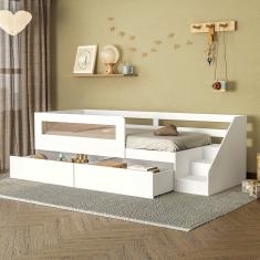 Cama Infantil Space Solteiro Com 2 Gavetas, Rattan, Grade De Proteção E Escada De Acesso Casatema Branco