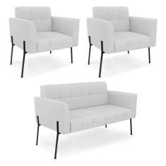 Sofá Namoradeira E 2 Poltronas Pé De Ferro Preto Elisa Linho D03 - D'rossi Cor A05 Cinza