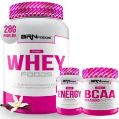 KIT Pink Whey Foods 2kg + Pink Energy 120caps + Pink BCAA C/ Colágeno 