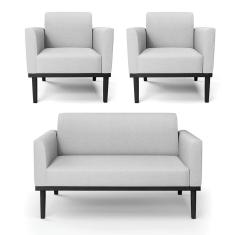 Sofá Namoradeira com 2 Poltronas Base de Madeira Fixa Preto Marisa Linho D03 - D`Rossi