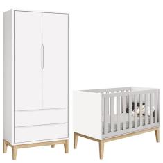 Berço Americano e Guarda Roupa Classic 2 Portas Branco com Pés Madeira Natural – Reller
