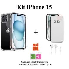 Kit Capinha + Pelicula 3D de Vidro + Fone com fio Para Iphone 15 15 Pr