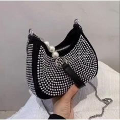 Bolsa De Strass Luxo Com Duas Alças Curta E Longa Detalhe Pérolas Meia