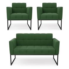 Kit 1 Sofá Namoradeira e 2 Poltronas Elisa Suede Verde Base Metálica Industrial Preto D03 - D'Rossi