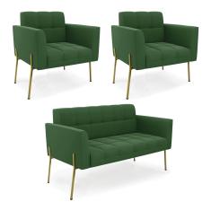 Sofá Namoradeira e 2 Poltronas Pé de Ferro Dourado Elisa Suede Verde D03 - D'Rossi