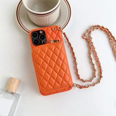 Capa de telefone tipo carteira transversal para iPhone 14 13 12 11 Pro Max Slot para cartão Lanyard Corrente Alça Bolsa com zíper Bolsa Capa de couro, laranja, para iPhone 14Pro Max