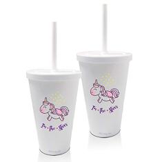 Kit 2 Copos com Tampa e Canudo Personalizados Unicornio Dia das Crianças