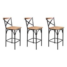 Kit 3 Banquetas Alta Industrial Paris Base Alumínio com Encosto - Natu