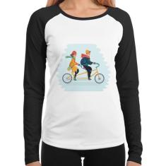 Baby Look Raglan Casal  Bicicleta Manga Longa - Foca na Moda, Branco, 