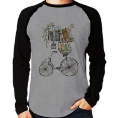 Camiseta Raglan Bicicleta e Livros Manga Longa - Foca na Moda, Cinza, 