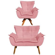 Kit Namoradeira 2 Lugares E 1 Poltrona Decorativa Giratória Madeira Opla Suede Rose - Ibiza