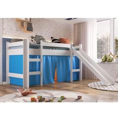 Cama Elevada com Escorregador e Cortina Completa Móveis Branco/Azul