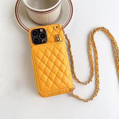Capa de telefone tipo carteira transversal para iPhone 14 13 12 11 Pro Max Slot para cartão Lanyard Alça de corrente Bolsa com zíper Bolsa Capa de couro, amarelo, para iPhone 14 Plus