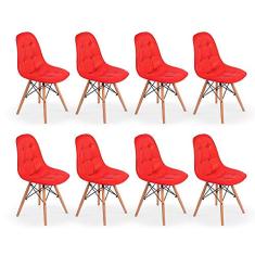 Conjunto 8 Cadeiras Dkr Charles Eames Wood Estofada Botonê Vermelha