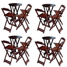 Kit 4 Conjuntos De Mesa Bistrô Dobravel Em Madeira Maciça Com 3 Banquetas Altas - Imbuia - Marrom