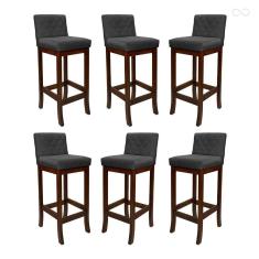 Kit 6 Banquetas Média com Encosto Matelassê Tóquio Madeira Maciça Suede Cinza CCS