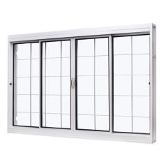 Janela de Aço de Correr Central 100x150cm 4 Folhas com Grade Quadricul