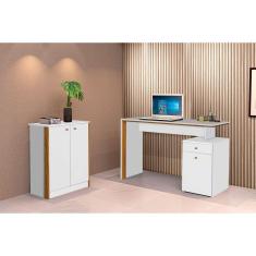 Conjunto e 1 Mesa Escrivaninha e 1 Armário Balcão Office Escritório Branco com Freijó - Rede Móveis
