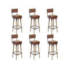Kit 6 Banquetas Banco Alto Barcelona Couro Café Bar Cozinha Pés Madeir