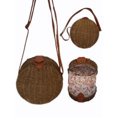 Bolsa Redonda Palha Sintética Tiracolo com Alça de Couro Casual Moda P