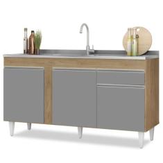 Balcão Gabinete com Pia Inox 150cm 3 Portas 1 Gaveta Dakota Castanho/C