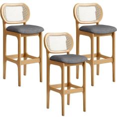 Kit 03 Banquetas Altas Para Cozinha Bancada Sala Tela Betta Fixa L02 Linho Cinza Escuro - Lyam