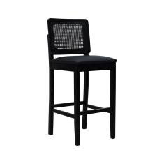 Banqueta Alta Bistrô Madeira Maciça Lyon Assento Estofado Encosto Telinha - Preto Corano Preto