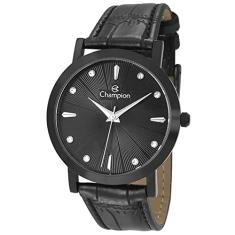 Relógio Feminino Champion Preto Com Pedras Pulseira Couro