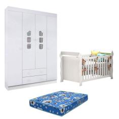 Berço Americano Lara E Guarda Roupa Lívia Branco Brilho Com Colchão – Phoenix