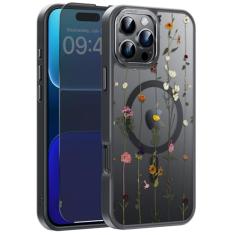 FUNMIKO Capa para iPhone 16 Pro Max com protetor de tela de privacidade, compatível com carregamento sem fio, capa fosca translúcida à prova de choque - linda capa de telefone com design floral para