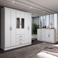 Guarda-Roupa Casal Zoey 6 Portas 3 Gavetas e Espelho com Cômoda 2 Portas 5 Gavetas Branco - Panorama Móveis