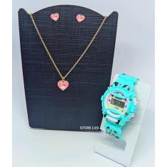 Kit Relógio infantil Digital Led Menina Silicone + Conjunto Colar e Br