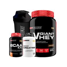 KIT Giant Whey 900g + POWER Creatina 100g + BCAA 100g + Coqueteleira - BodyBuilders Sabor Chocolate